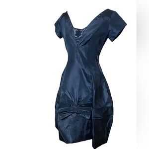 🎄 Elegant Vintage 50s 1950s Party Black Silk Taffeta Sculptural Cocktail Dress S